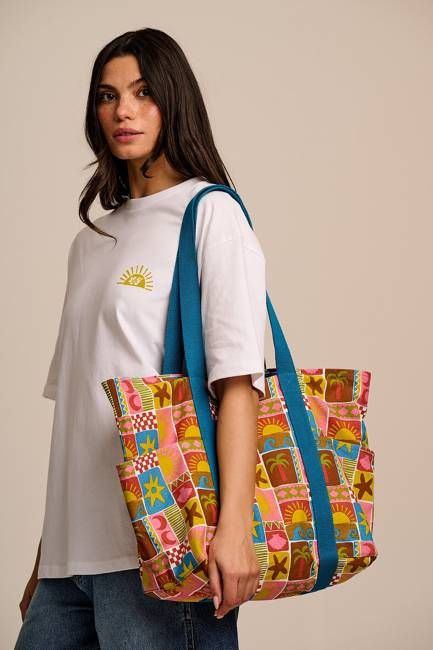 Teo - Cotton Beach Bag in Coastal Tile
