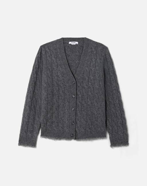 Cable V Neck Cardi - Charcoal