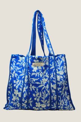 Block Print Quilted Tote Bag | Japanese Flower Cobalt