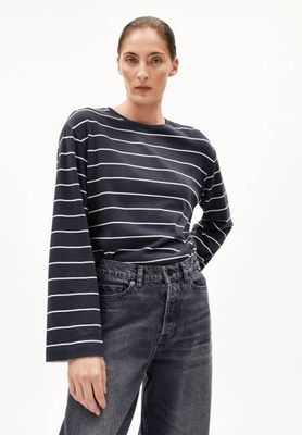 MARYNAA FINE STRIPE LANGARMSHIRT | Dunkler Stahl-Hafermilch