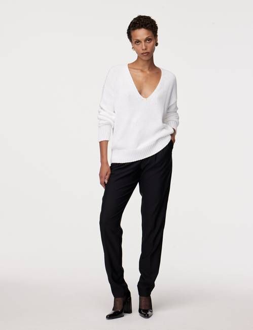 Draped Knit V-Neck Sweater | White