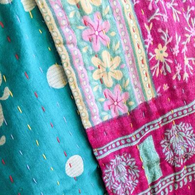 Mini kantha quilt in shades of teal & pink, handwoven in Bangladesh
