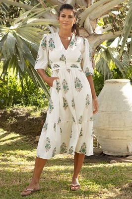 Jyoti Organic Cotton Dress | Off White/Teal