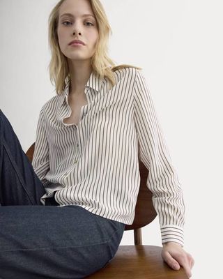 Shrunken Top in Washable Silk | Bone / Toffee Stripe