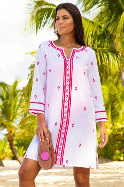 Guadalupe Embroidered Organic Cotton Short Tunic | White/Pink