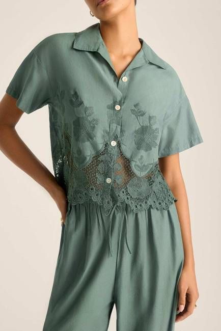 Flora Cropped Shirt - Sea Green Beachside Broderie