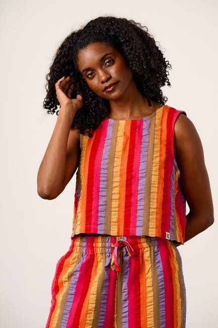 Arden - Cotton Shell Top in Wide Rainbow Stripe