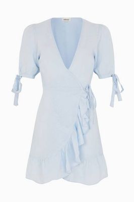 The Catalina Mini Wrap Dress in sky blue