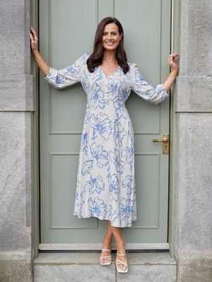 Hilary Printed Linen Mix Dress - Blue Floral