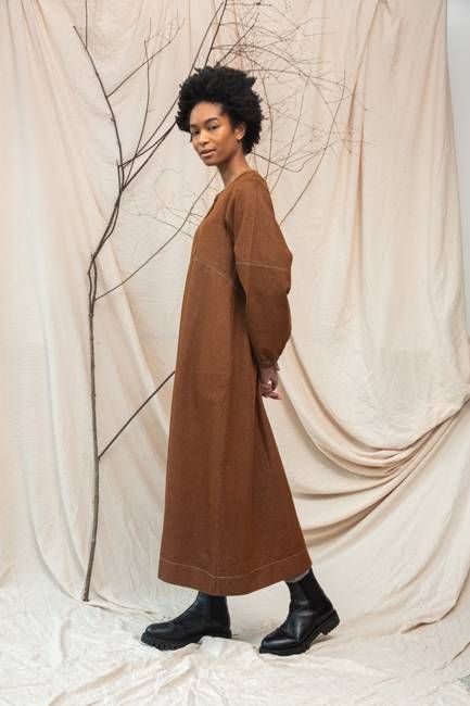 Gale-Leigh Recycled Cotton Denim Dress in Bark Brown