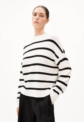 STRICKPULLOVER MIT MERINA-STREIFEN | hellhafermilchschwarz