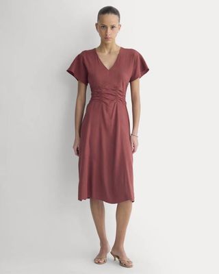 Cinched Dress in Stretch Linen | Henna Red
