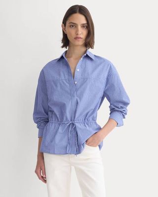 Oversized Cinched Shirt in Ultrasoft Cotton | Mazarine Blue / Optic White
