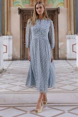 Verity Bedrucktes Kleid mit Rüschen | Blau