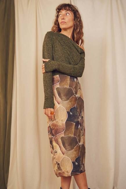 Printed Ecovero Pencil Midi Skirt