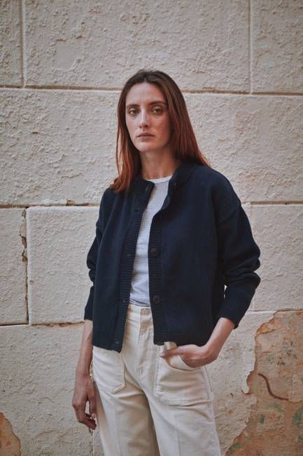 SANDRA Funnel-Neck Cardigan in Merino Wool - Navy