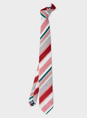 Silk Linen Blend Tan and Red Como Stripe Dazzling Tie