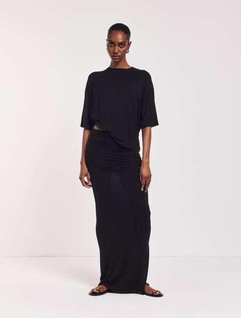 Leah Ruched Maxi Skirt in Black