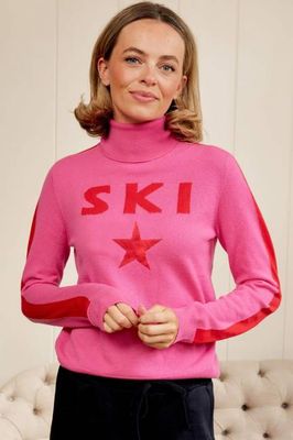 Merino Wool Ski Star Motif Slim Polo Neck Jumper | Pink/Red