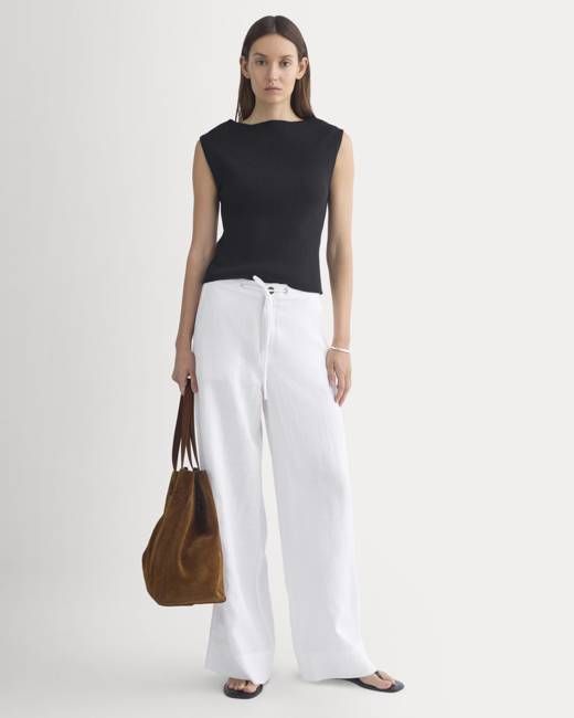 Wide-Leg Drawstring Pant in Linen | White