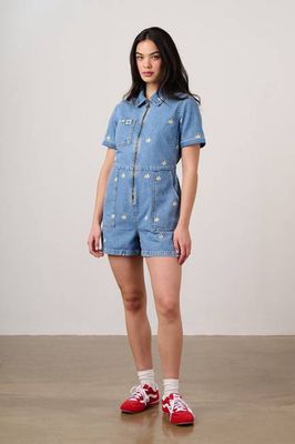 Riley - Denim-Playsuit in leichter Waschung mit Gänseblümchen-Stickerei