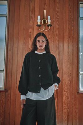 GABY Balloon-Sleeve Cardigan in Merino Wool - Black