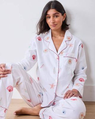 Embroidered Shells - Tall Long PJ Set - Coastal Cloud
