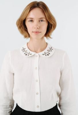 Classic Shirt with Embroidered Collar, Long Sleeve, White Magnolia