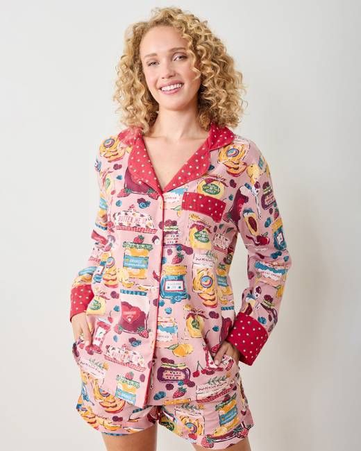 Sweet Jams - Lightweight Flannel Long Sleeve Top & Shorts Set - Berry Bliss
