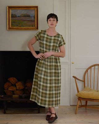 No.17 Full Length Linen Tea Dress in Green Melange
