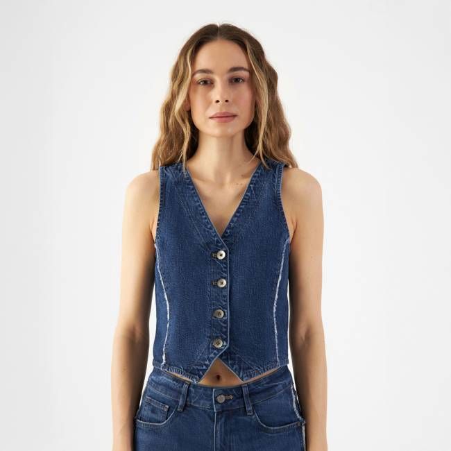 ASTRA Minimal Stretch - fitted frayed denim vest - Dark Blue