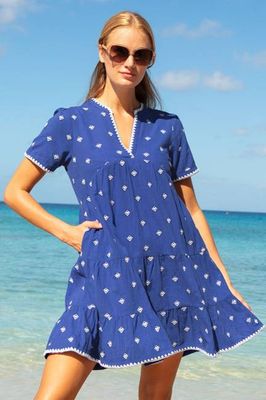 Besticktes Kleid aus Biobaumwolle in Indien | Kobalt/Weiß