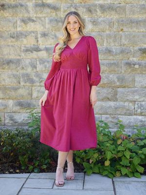 Maddie V-Neck Long Sleeve Jacquard Dress - Dark Pink