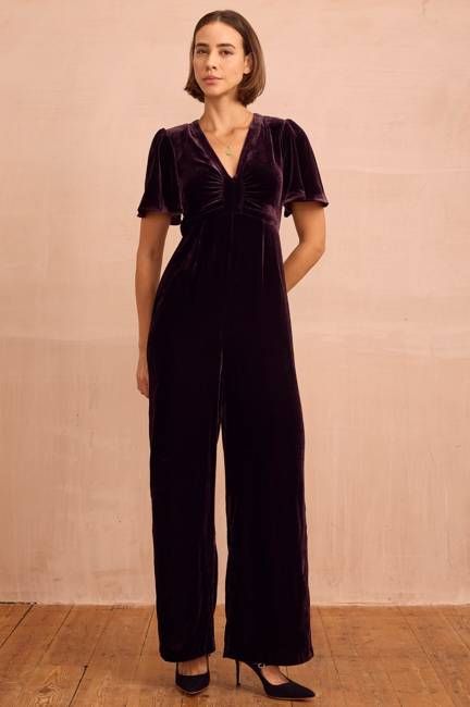 Anais Velvet V-Neck Jumpsuit | Aubergine