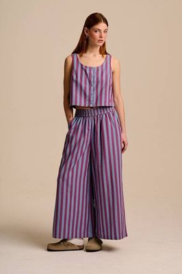 Maddie - Cotton & Linen Trousers in Burgundy & Blue Stripe