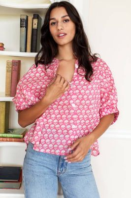 Mandarin Collar Top - Crescent Flower Bon Pink Organic