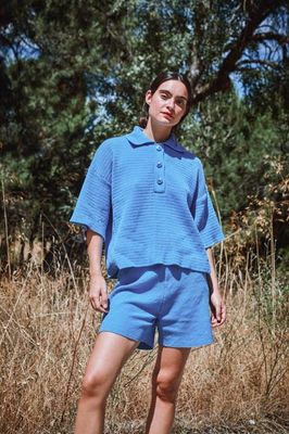 LILI Oversize Polo Shirt in Organic Cotton - Cyan Blue