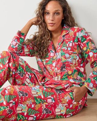 Meowy Christmas - Petite Long PJ Set - Red Bow