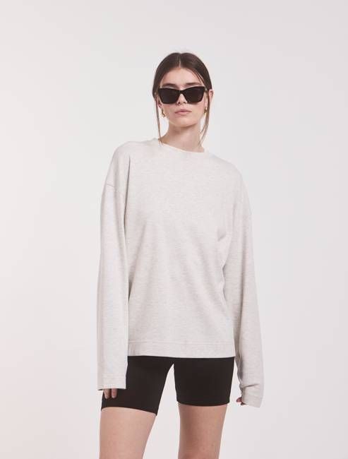 Compact Cotton Boyfriend Long Sleeve T-Shirt in Light Grey Marl