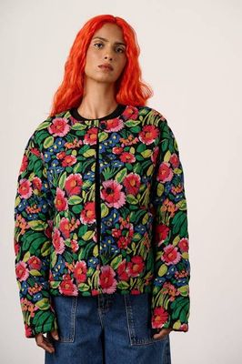 Cleo - Cotton Collarless Quilted Jacket in Black Marie Print