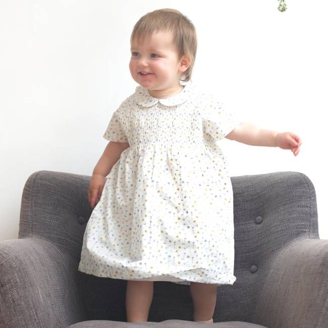 Smock Peter Pan Collar Dress - Flowers, White