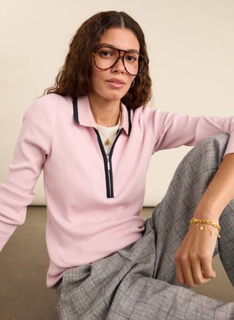 Joely Organic Cotton Rib Zip Collar Top