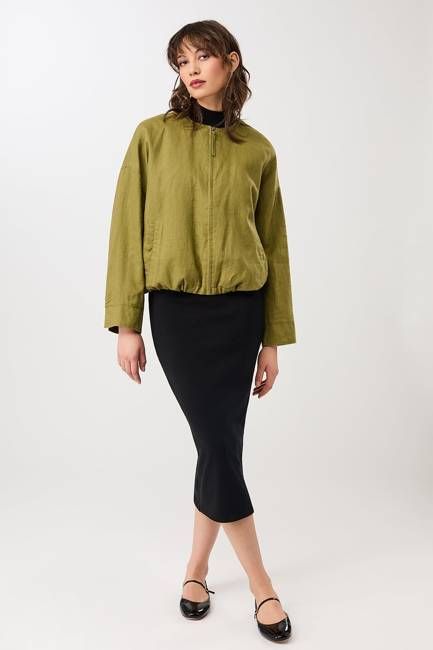 Rundhals Bomberjacke mit Leistentasche (Green Olive)