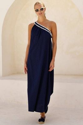 One Shoulder Cotton Dobby Ric Rac Dress | Navy/Ivory