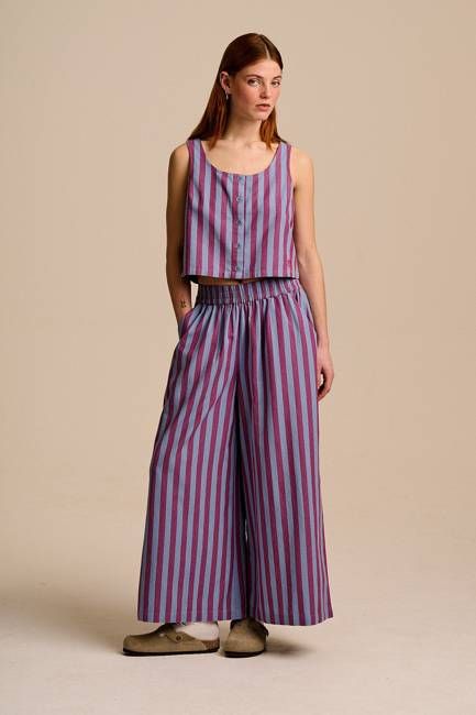 Maddie - Cotton & Linen Trousers in Burgundy & Blue Stripe