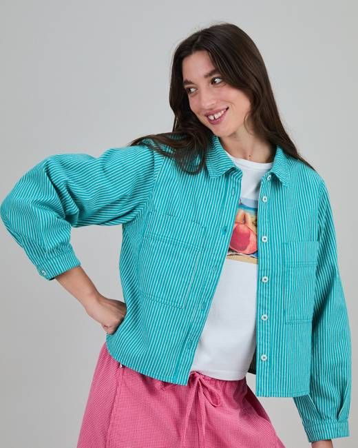 Denim Stripes Cropped Overshirt Green