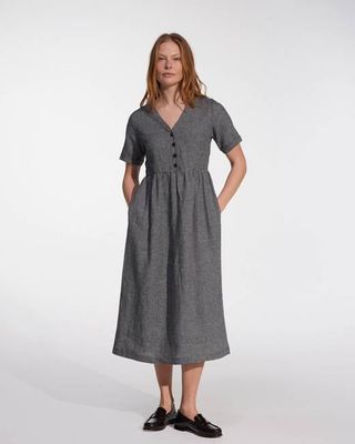 No.31 V Neck, Full Length Linen Dress in Brasserie Check