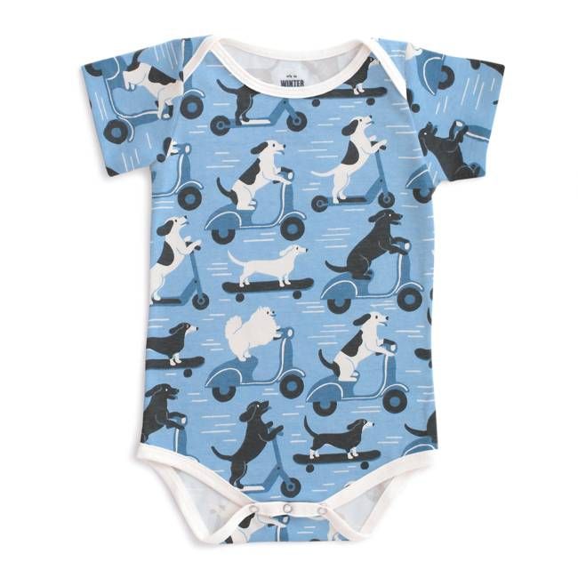 Short Sleeve Snapsuit - Dogs on Scooters Blue