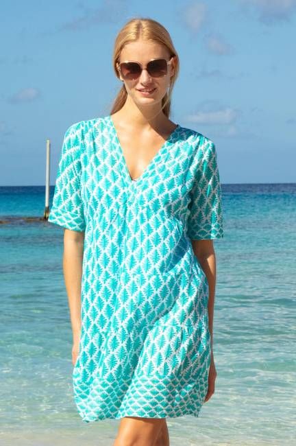 Santorini Cotton Kaftan | White/Sea Green