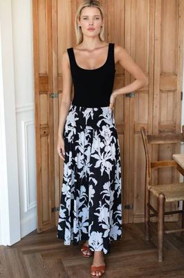 Smocked Maxi Skirt - Black + Ivory Orchid Organic